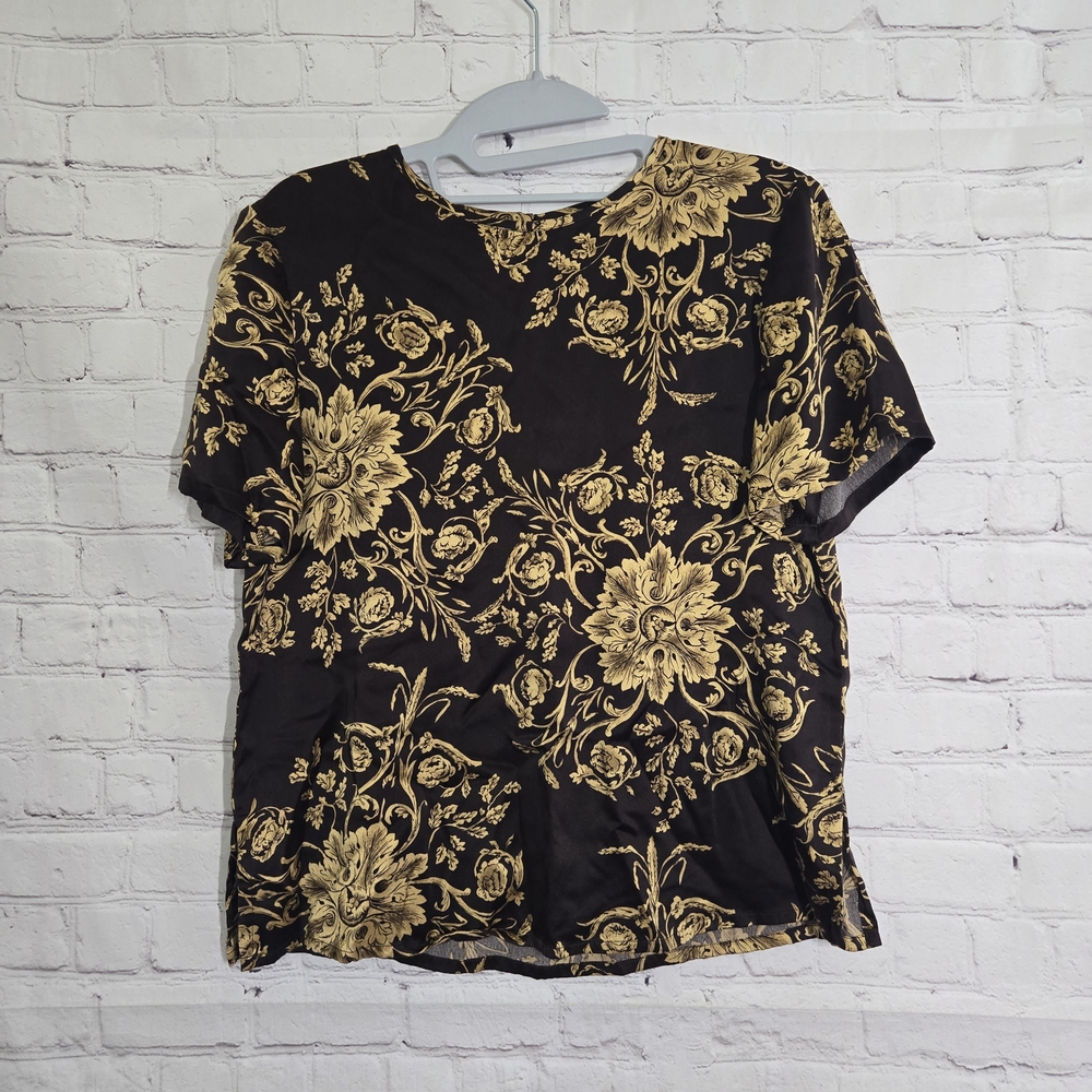 Via Seta 100% Silk Satin Chocolate brown and gold european Floral Blouse size 8